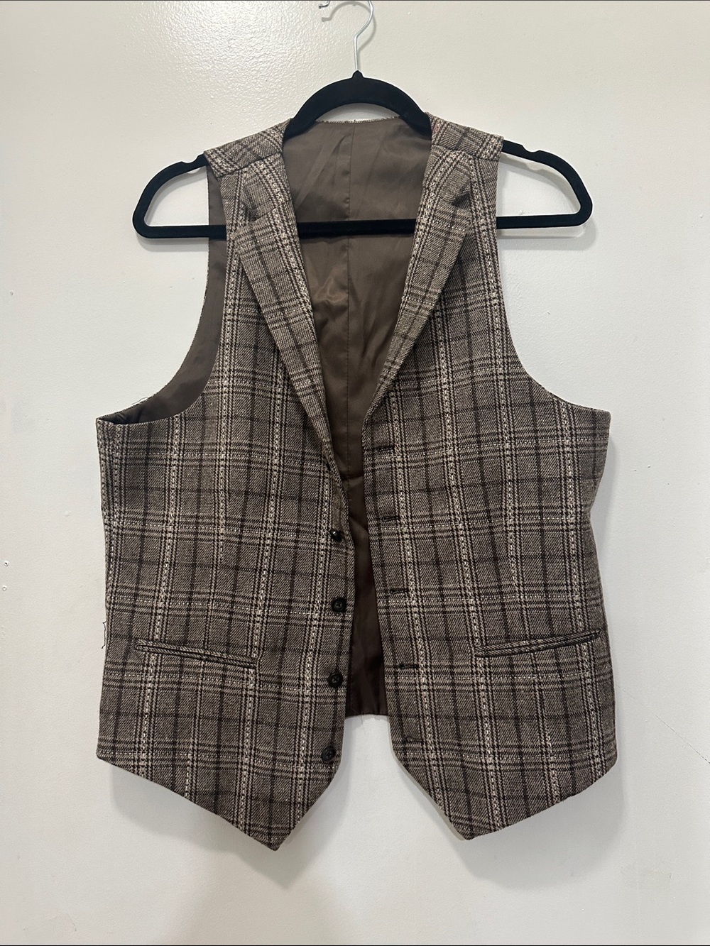 Wool Blend Plaid Vest - Brown Sz L